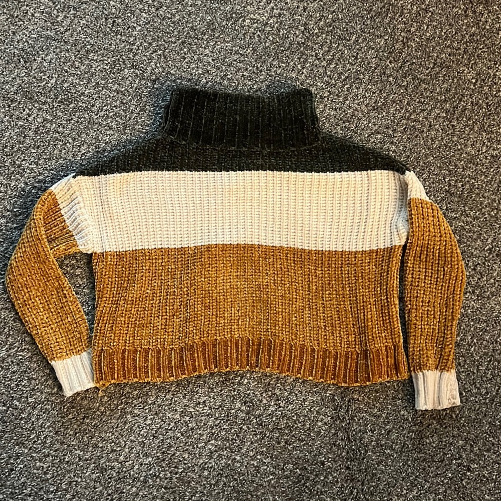 Olive green, cream, and mustard yellow sweater